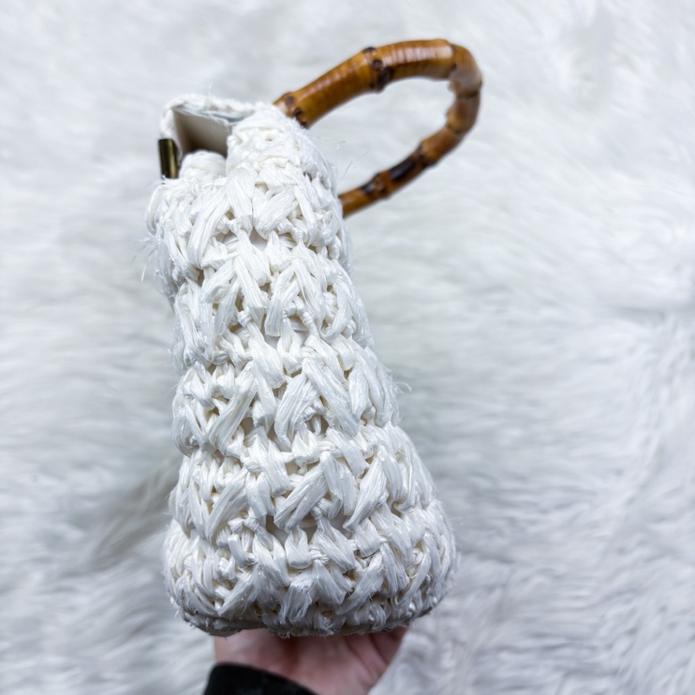 Vintage 60s Straw Woven Bamboo Handle Satchel Purse Bag White Cottagecore Resort - Picture 6 of 10